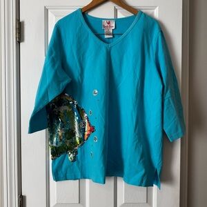 Quacker Factory NWT Sequin Fish 3/4 Sleeve Shirt 3X